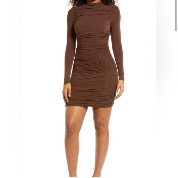 NAKED WARDROBE Ruched Long Sleeve Cutout Minidress in Chocolate XL NWOT - Picture 3 of 11
